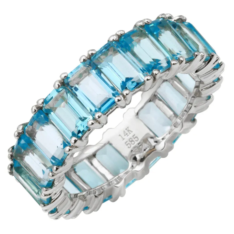 14k Gold Emerald Cut Blue Topaz Eternity Band