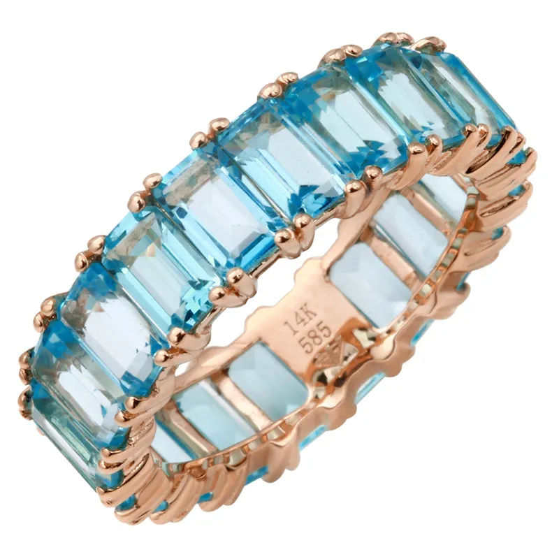 14k Gold Emerald Cut Blue Topaz Eternity Band