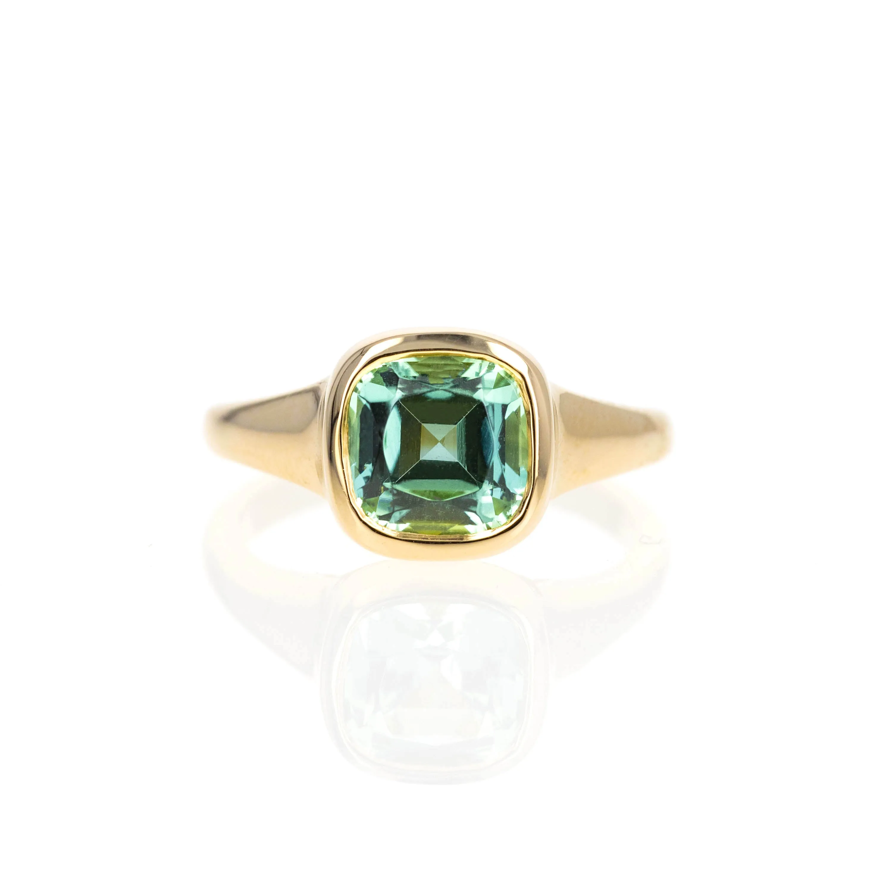 2.32 Carat Cushion Seafoam Green Tourmaline Bezel Ring