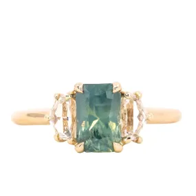 24 HOUR HOLD - 1.47ct Radiant Opalescent Teal Sapphire and White Sapphire Three Stone Ring in 14k Yellow Gold