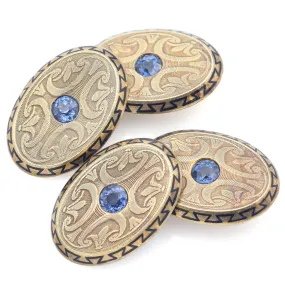 Antique 14K Yellow Gold Sapphire Etched Ornamental Mens Cufflinks