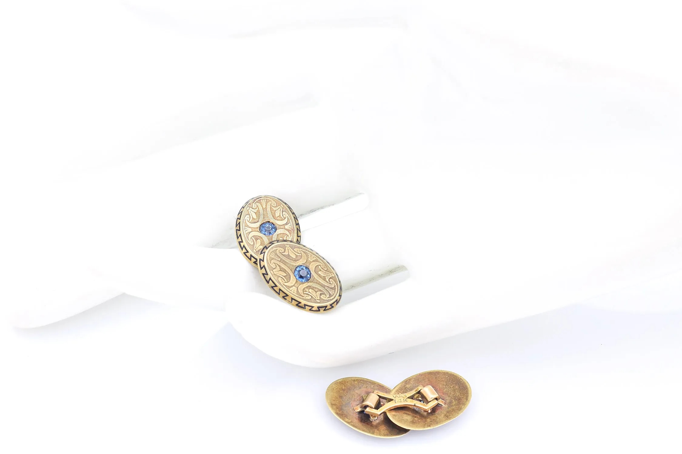 Antique 14K Yellow Gold Sapphire Etched Ornamental Mens Cufflinks