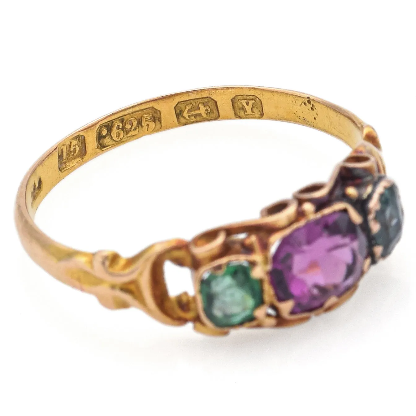 Antique 15K Yellow Gold Emerald & Amethyst Band Ring Size 5.5