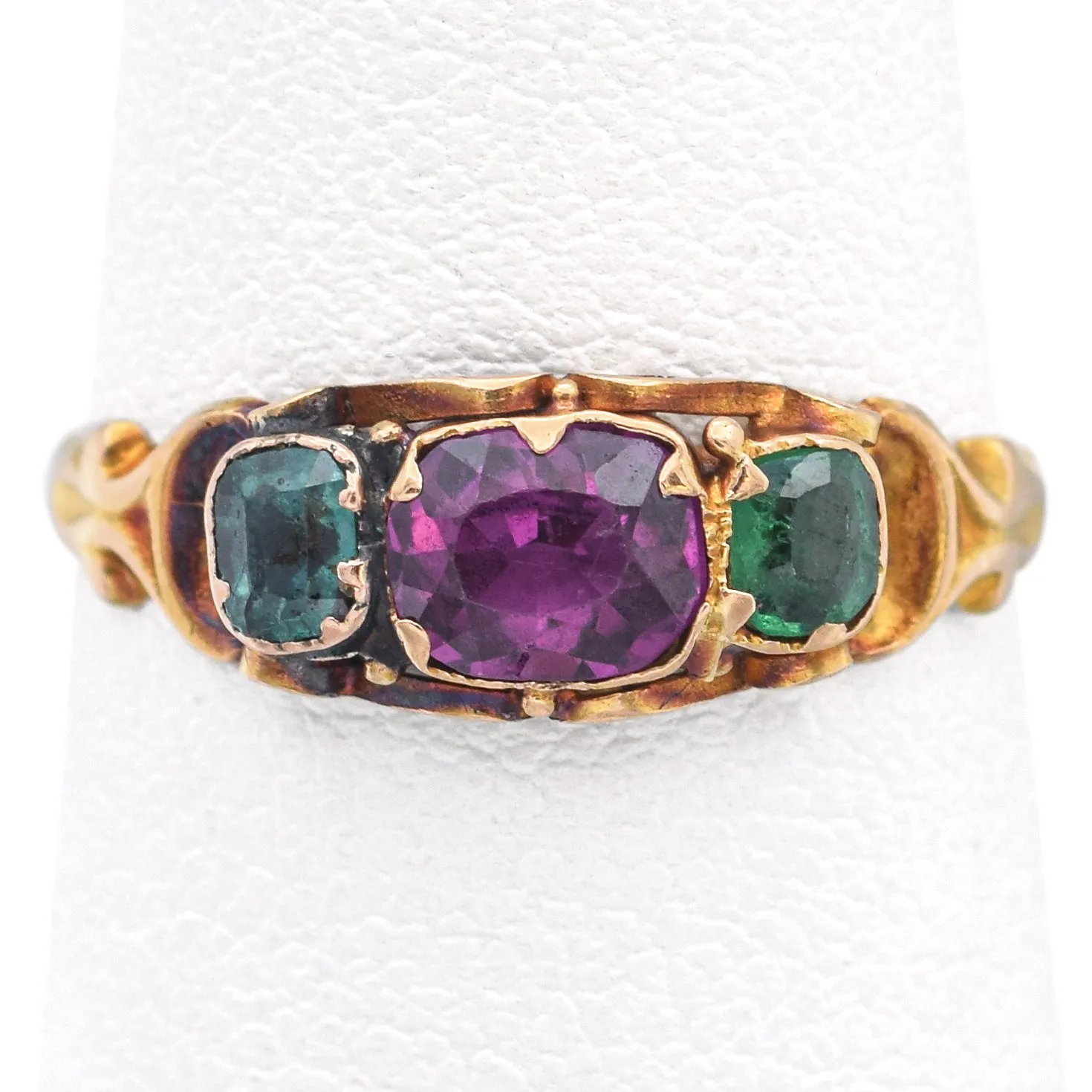 Antique 15K Yellow Gold Emerald & Amethyst Band Ring Size 5.5