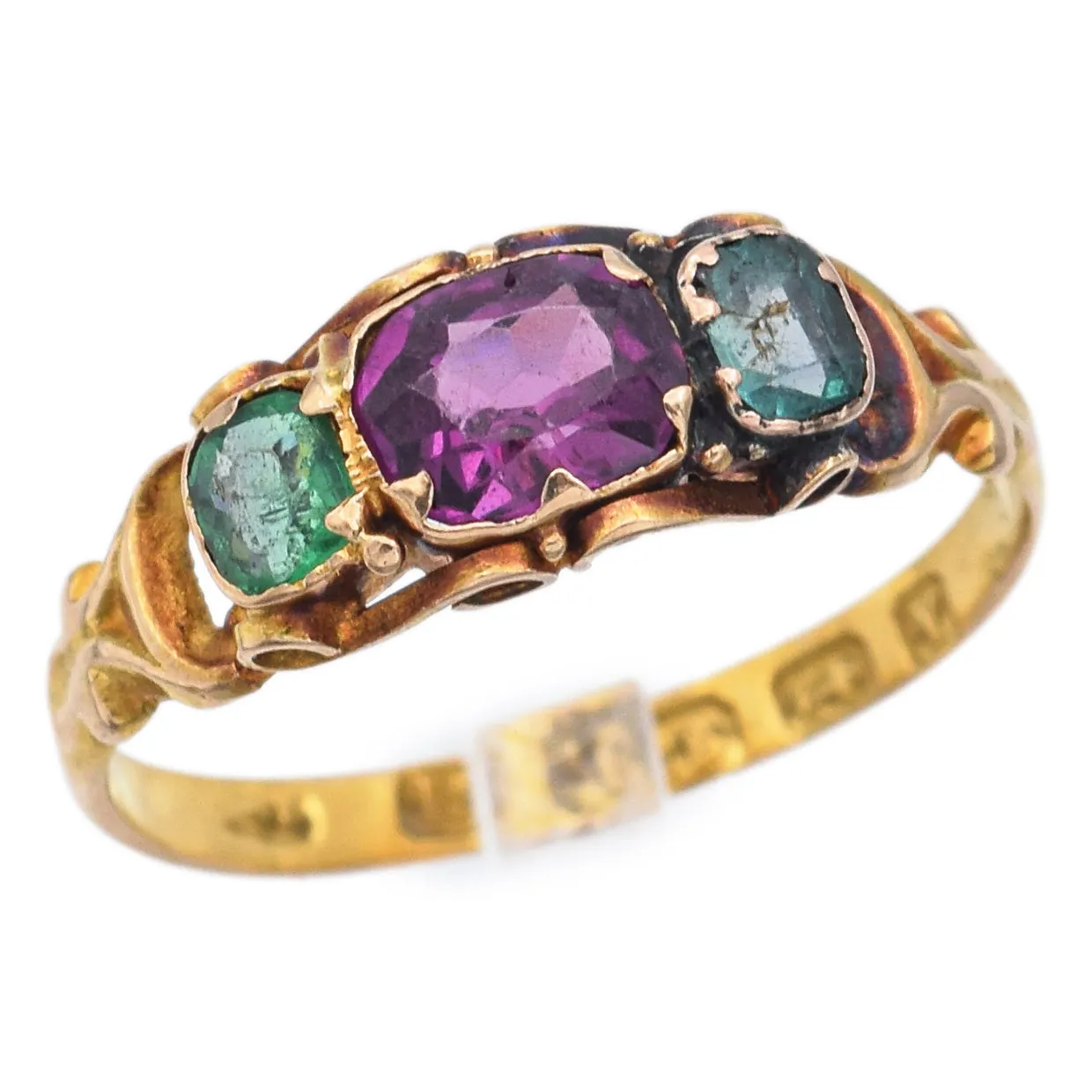 Antique 15K Yellow Gold Emerald & Amethyst Band Ring Size 5.5