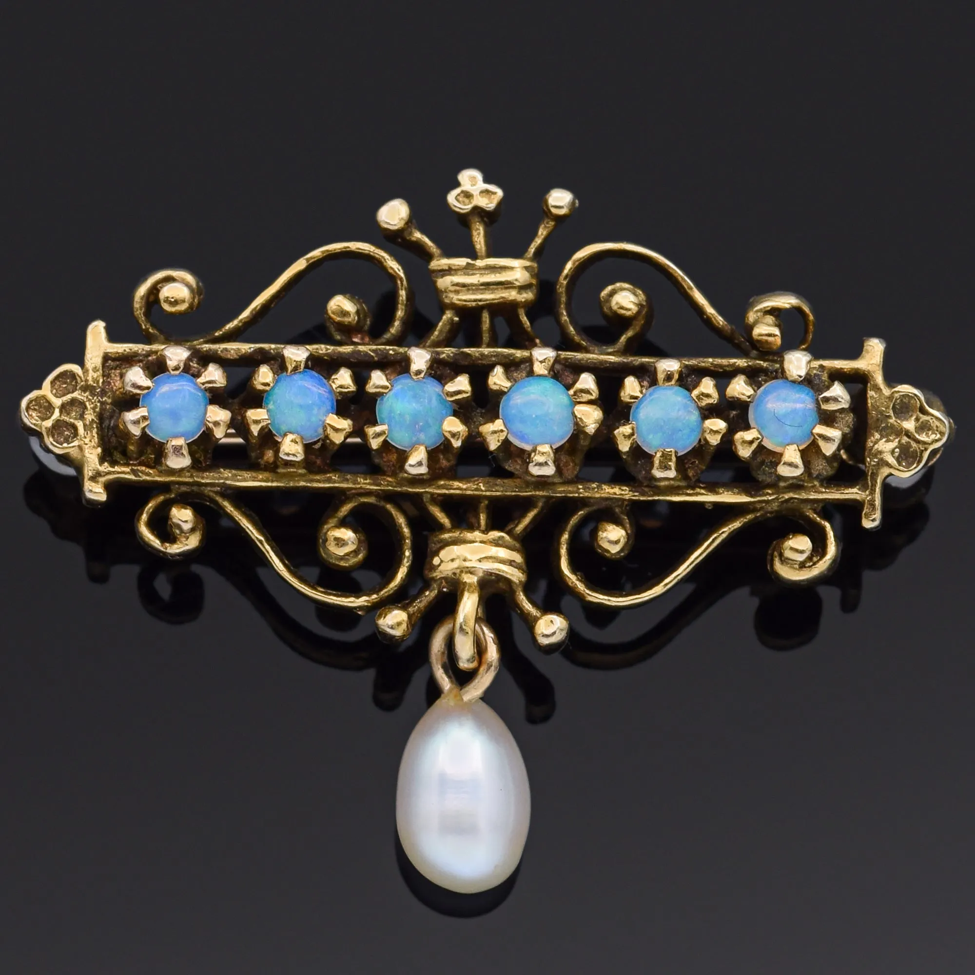 Antique Victorian 14K Yellow Gold Opal and Pearl Brooch Pin