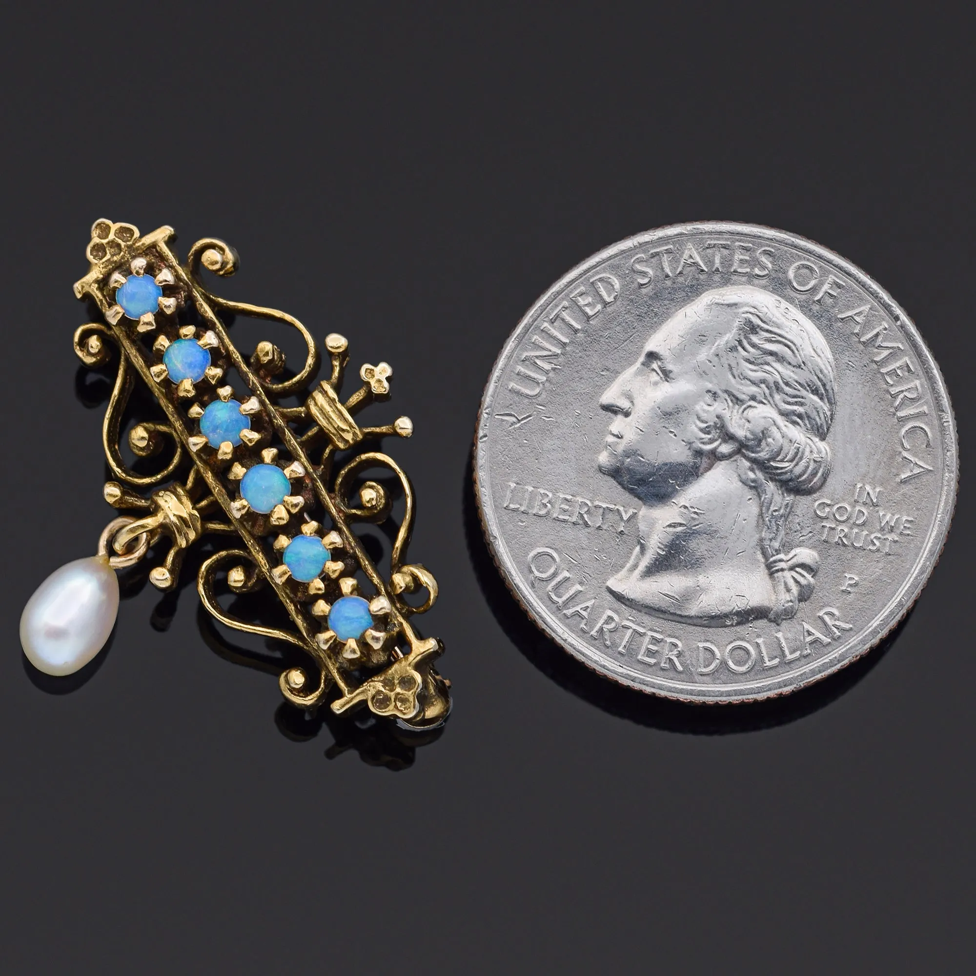 Antique Victorian 14K Yellow Gold Opal and Pearl Brooch Pin