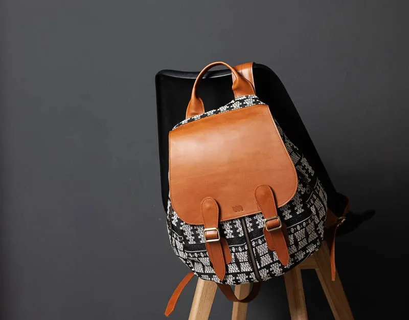 Artemis backpack - Black n White cotton and Brown leather