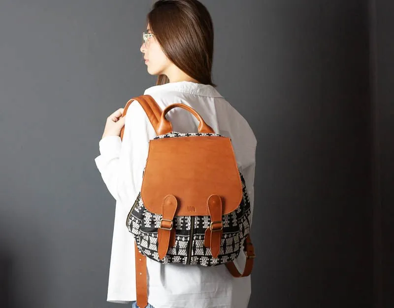 Artemis backpack - Black n White cotton and Brown leather