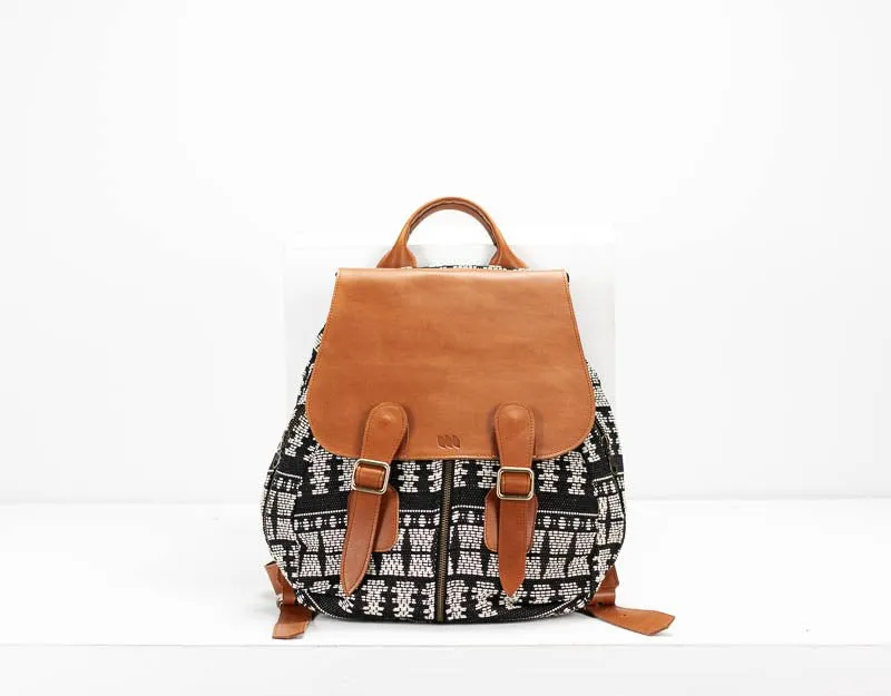 Artemis backpack - Black n White cotton and Brown leather