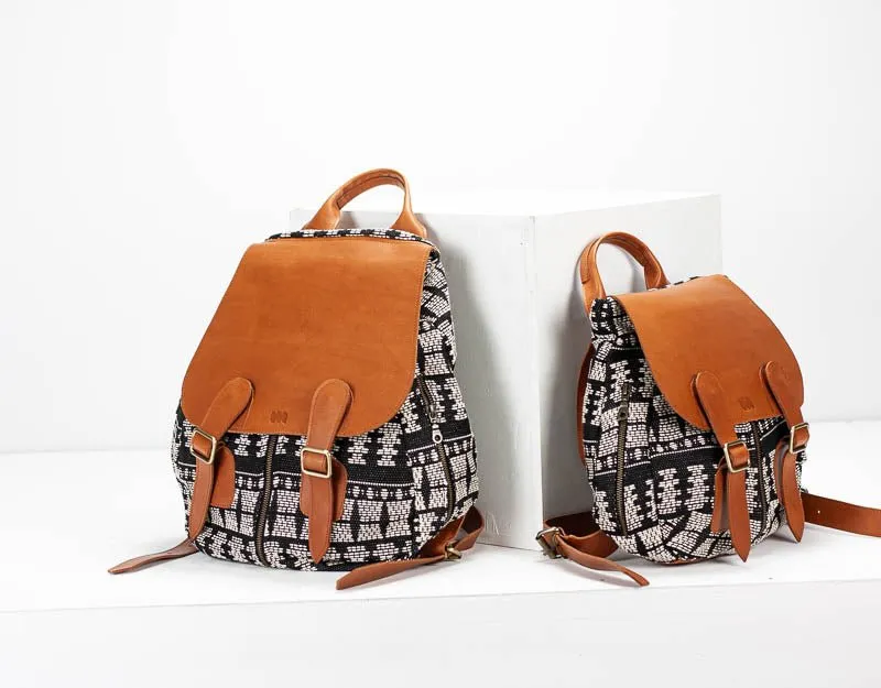 Artemis backpack - Black n White cotton and Brown leather