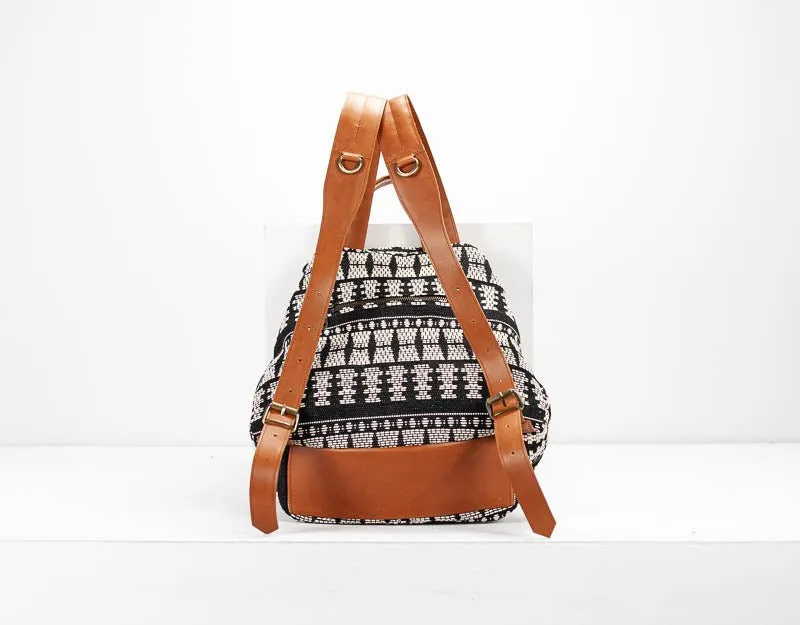 Artemis backpack - Black n White cotton and Brown leather