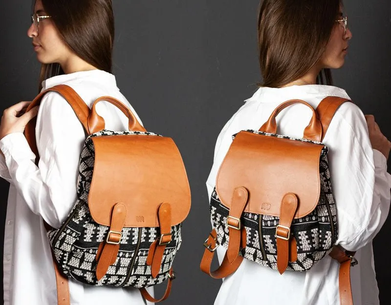 Artemis backpack - Black n White cotton and Brown leather