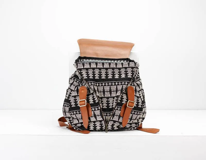 Artemis backpack - Black n White cotton and Brown leather