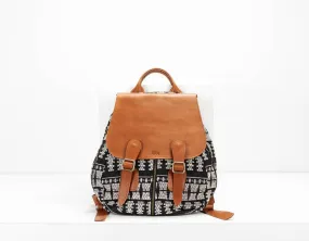 Artemis backpack - Black n White cotton and Brown leather