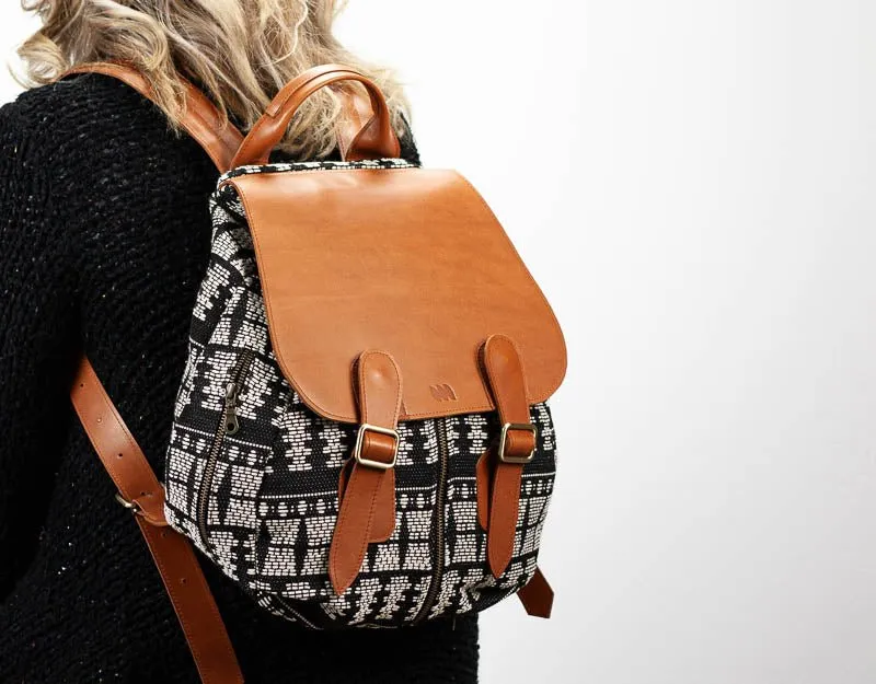 Artemis backpack - Black n White cotton and Brown leather