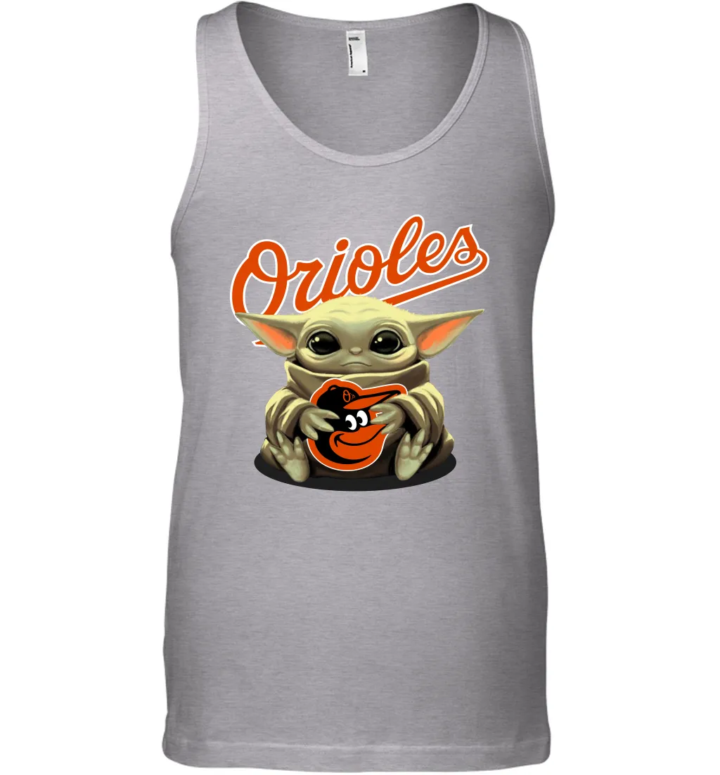 Baby Yoda Hugs Loves The Baltimore Orioles Baseball Mens Tank Top