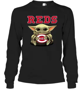 Baby Yoda Hugs Loves The Cincinnati Reds Baseball Adult Long Sleeve T-Shirt