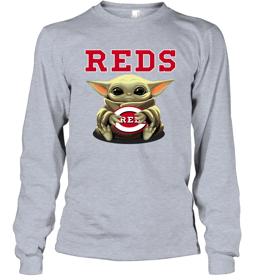 Baby Yoda Hugs Loves The Cincinnati Reds Baseball Adult Long Sleeve T-Shirt