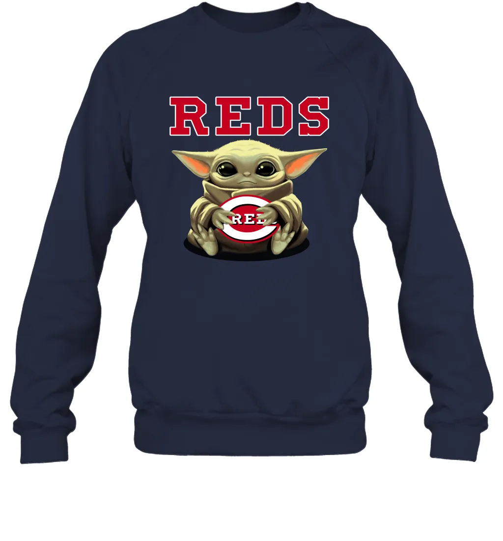 Baby Yoda Hugs Loves The Cincinnati Reds Baseball Adult Sweatshirt