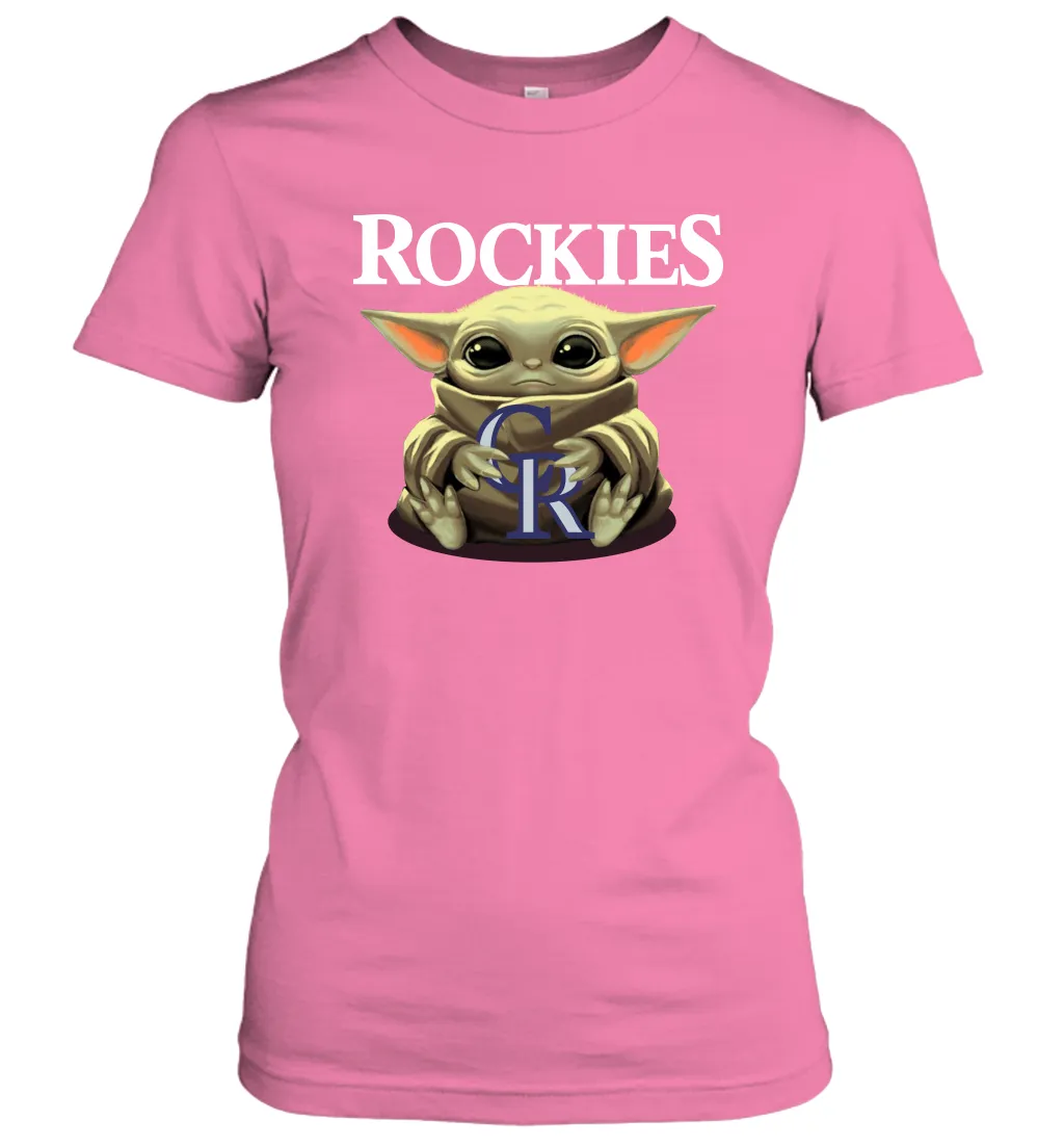 Baby Yoda Hugs Loves The Colorado Rockies Baseball Womens T-Shirt