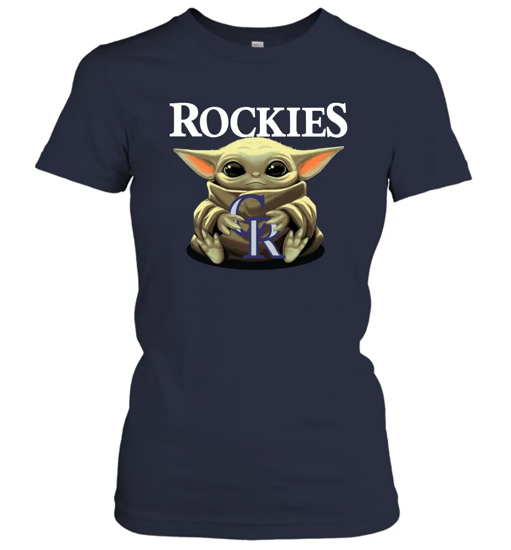 Baby Yoda Hugs Loves The Colorado Rockies Baseball Womens T-Shirt