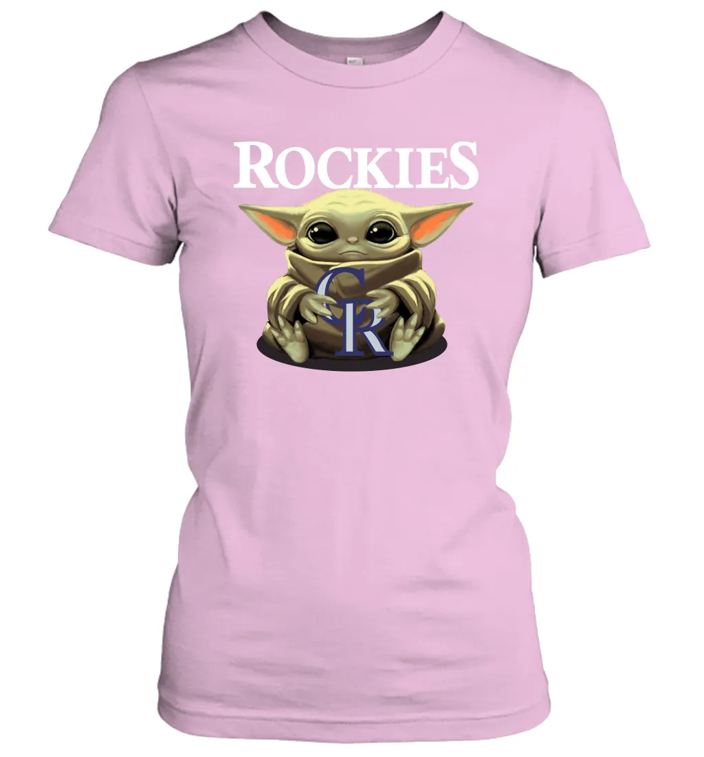 Baby Yoda Hugs Loves The Colorado Rockies Baseball Womens T-Shirt