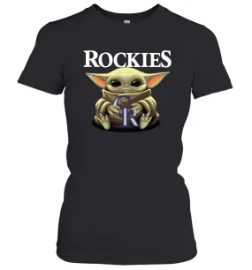 Baby Yoda Hugs Loves The Colorado Rockies Baseball Womens T-Shirt