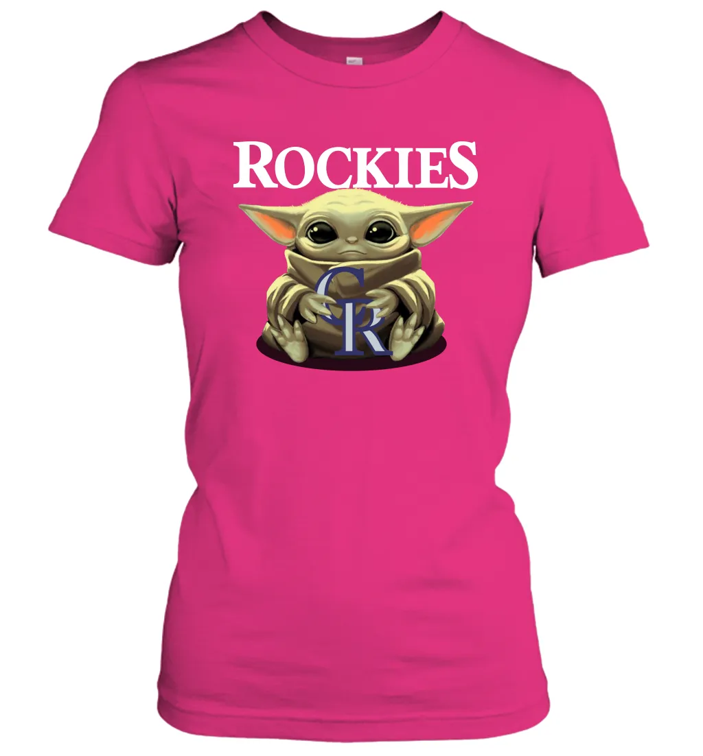 Baby Yoda Hugs Loves The Colorado Rockies Baseball Womens T-Shirt