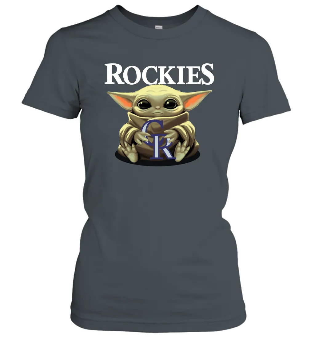 Baby Yoda Hugs Loves The Colorado Rockies Baseball Womens T-Shirt