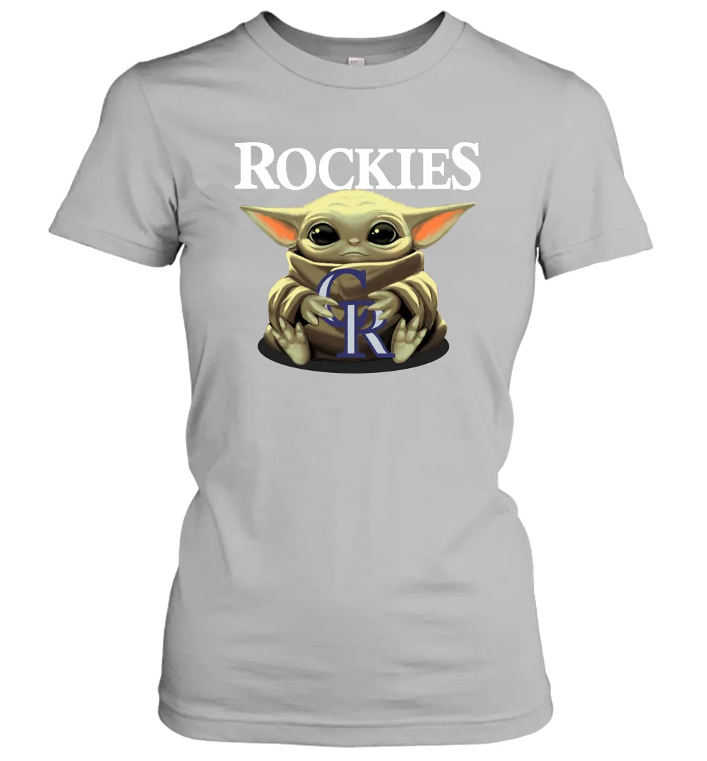 Baby Yoda Hugs Loves The Colorado Rockies Baseball Womens T-Shirt