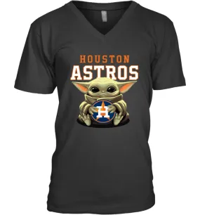 Baby Yoda Hugs Loves The Houston Astros Baseball Mens V-Neck T-Shirt