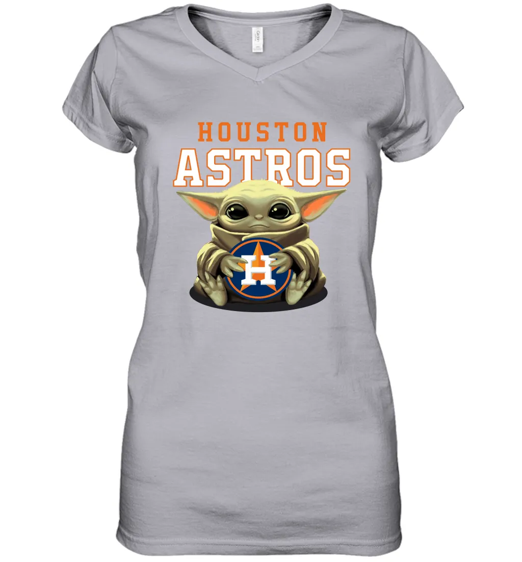 Baby Yoda Hugs Loves The Houston Astros Baseball Womens V-Neck T-Shirt