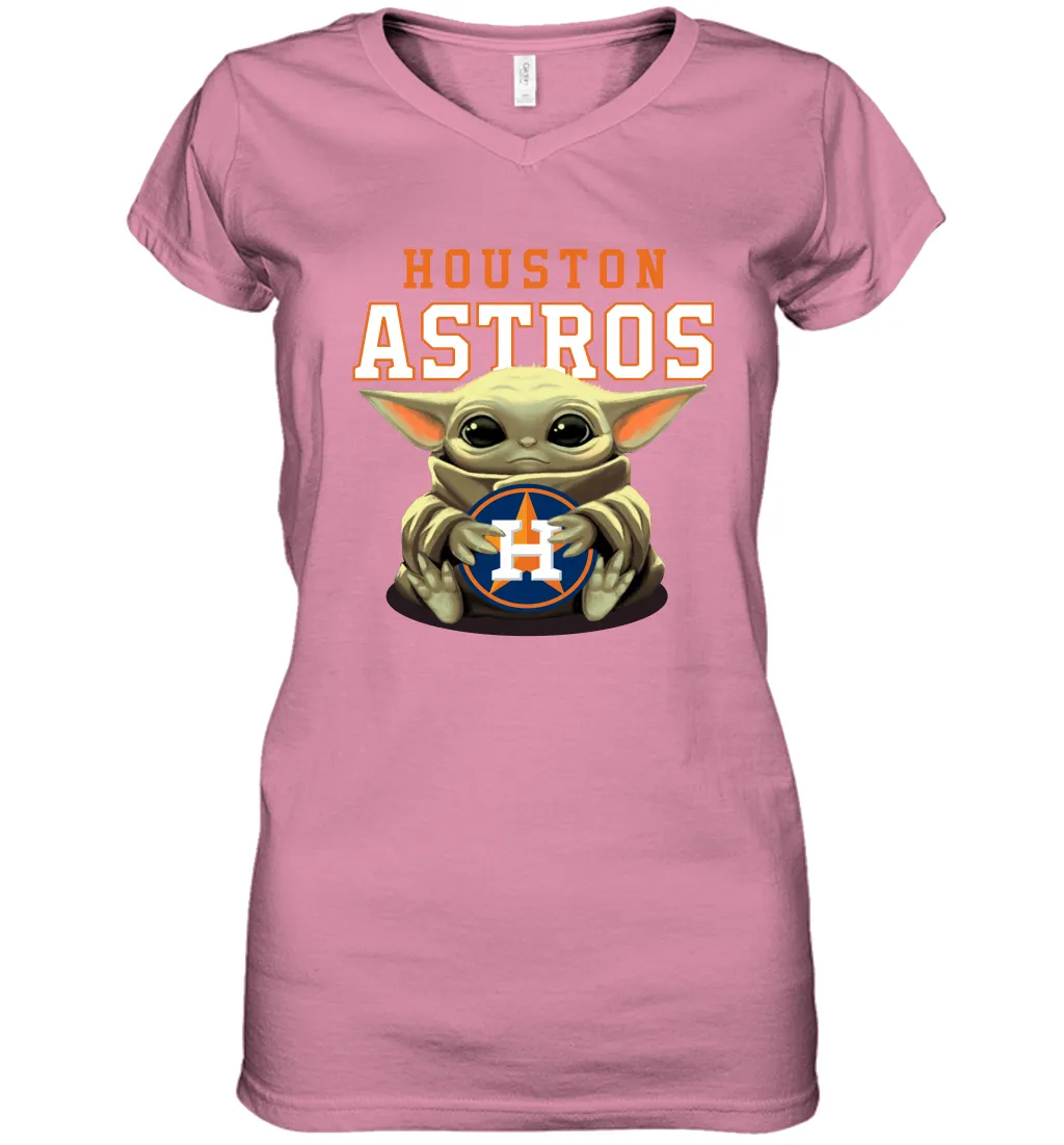 Baby Yoda Hugs Loves The Houston Astros Baseball Womens V-Neck T-Shirt