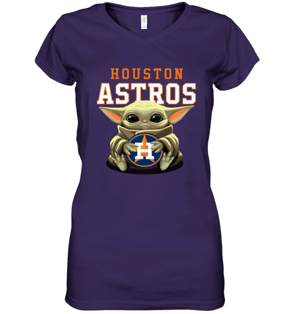 Baby Yoda Hugs Loves The Houston Astros Baseball Womens V-Neck T-Shirt