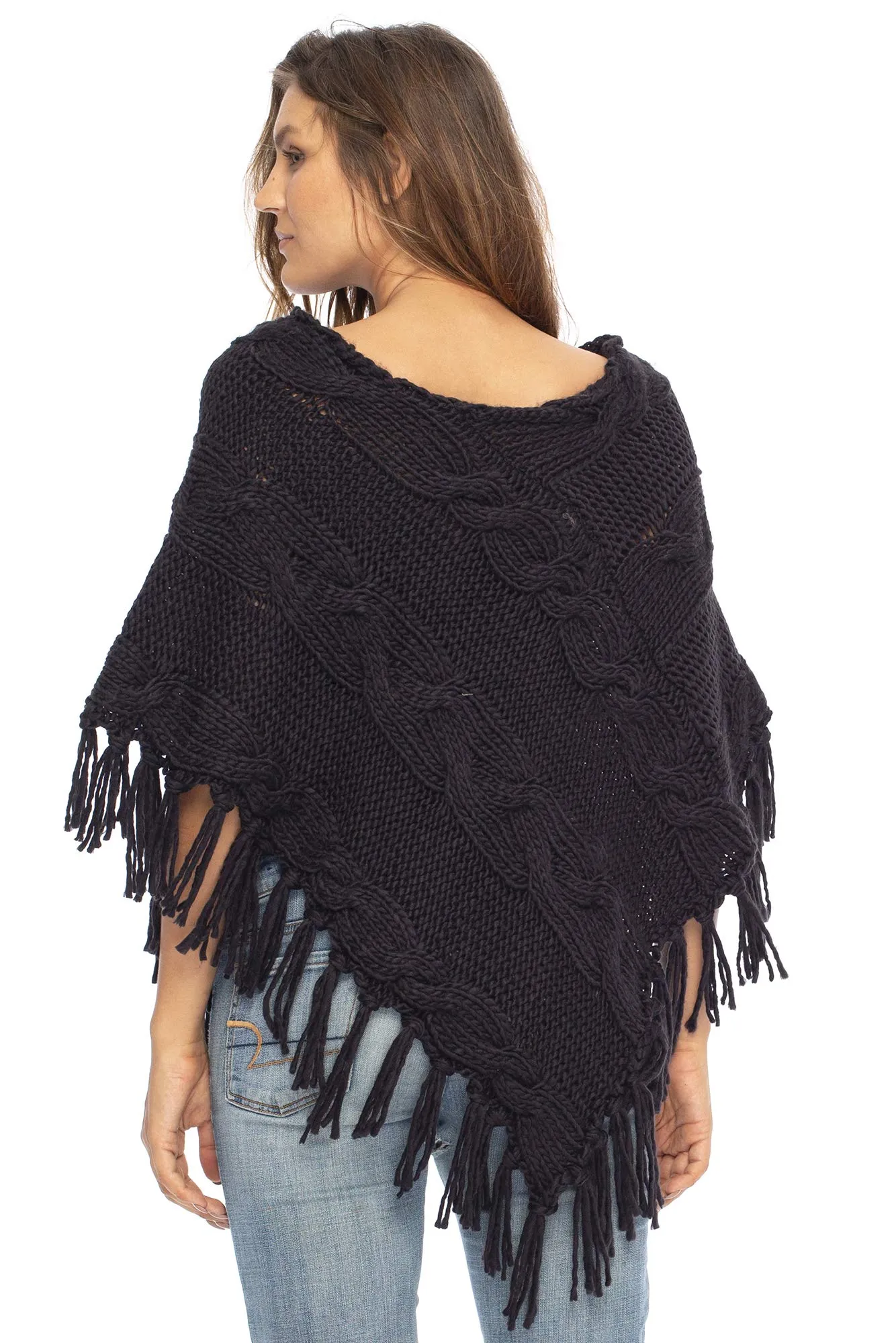 Back From Bali Womens Chunky Cable Knit Sweater Boho Fringed Oversized Pullover Poncho with Tassels