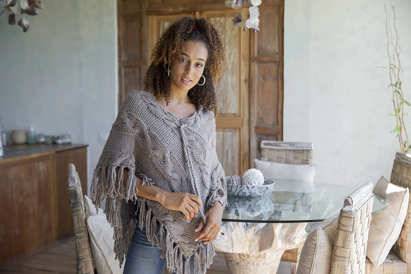 Back From Bali Womens Chunky Cable Knit Sweater Boho Fringed Oversized Pullover Poncho with Tassels