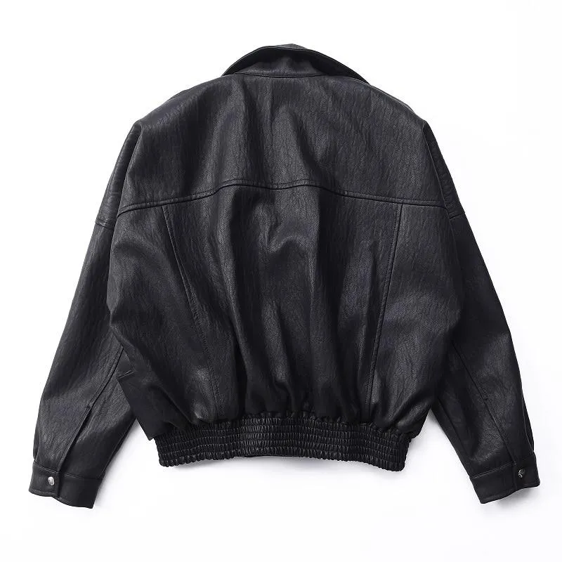 Bat Sleeve Black Synthetic Leather Harajuku Coats for Women Bikers