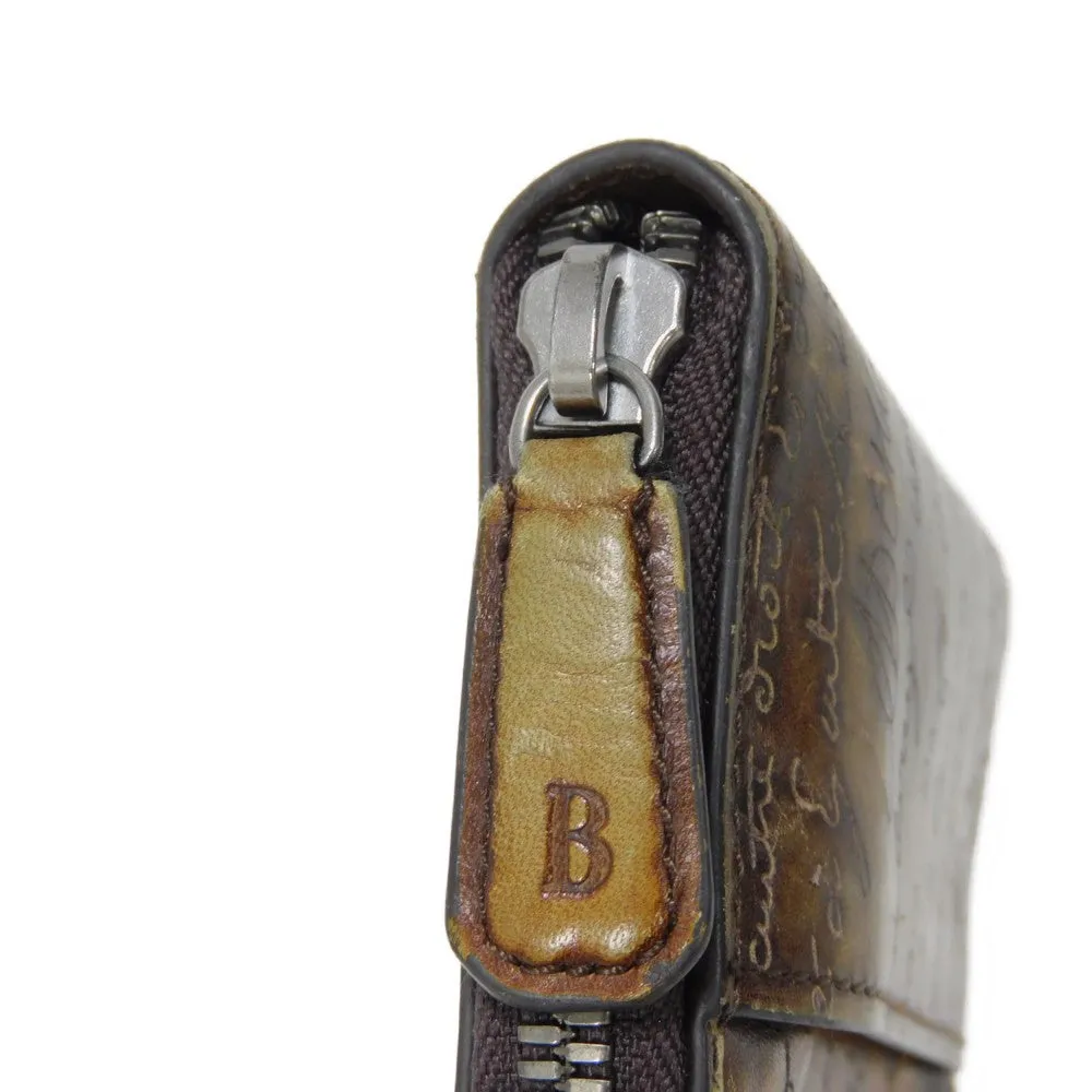 Berluti Key case Key holder  Venice Calfskin Leather Brown Calligraphy Koto Scrit Leather Zip Keychain mens Used Authentic