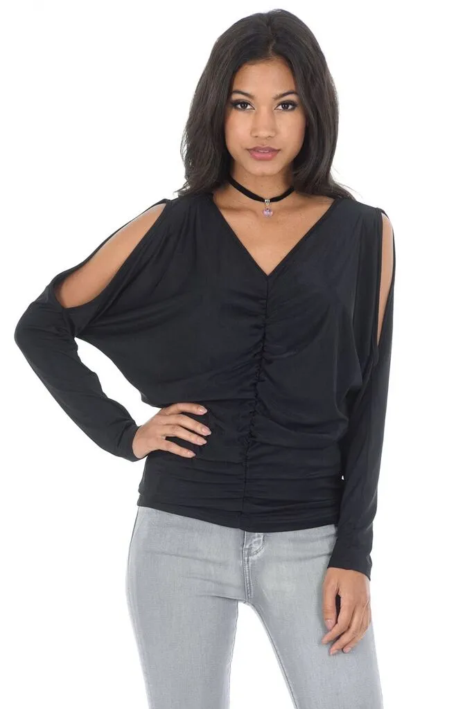 Black Cold Shoulder Top With Split Sleeve