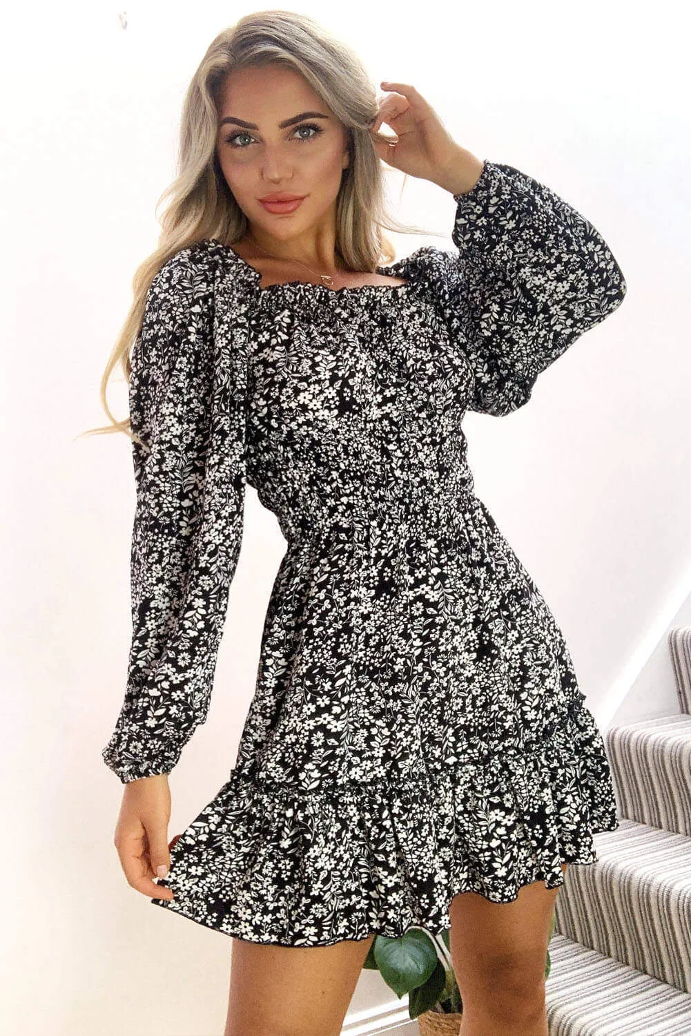 Black Floral Square Neck Swing Dress