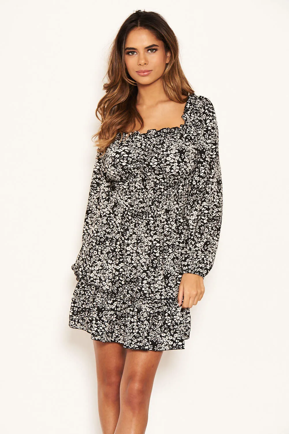 Black Floral Square Neck Swing Dress