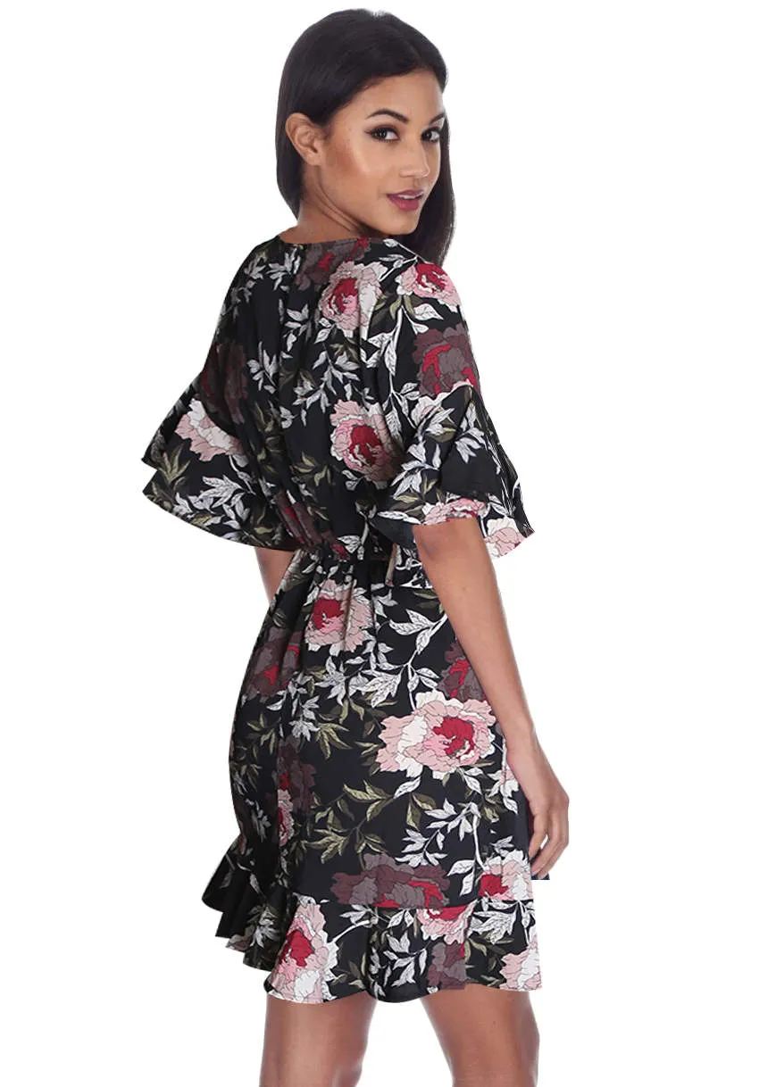 Black Floral Wrap Front Frill Detail Dress