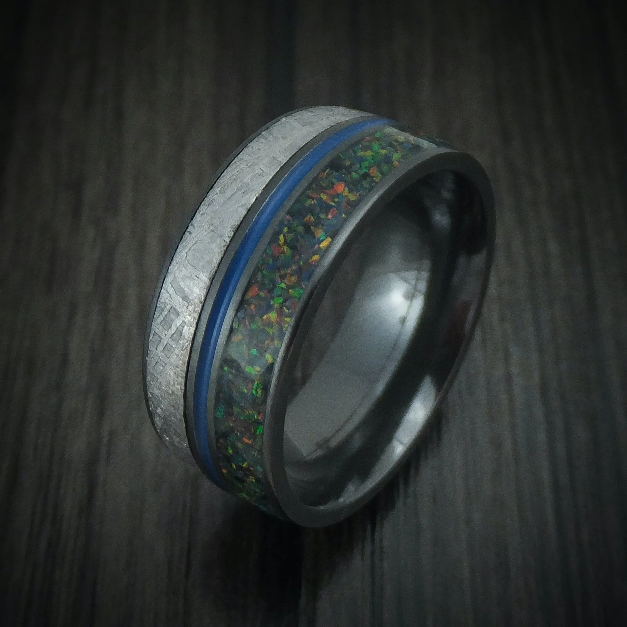 Black Zirconium Gibeon Meteorite and Opal Men's Ring with Cerakote Custom Made Band