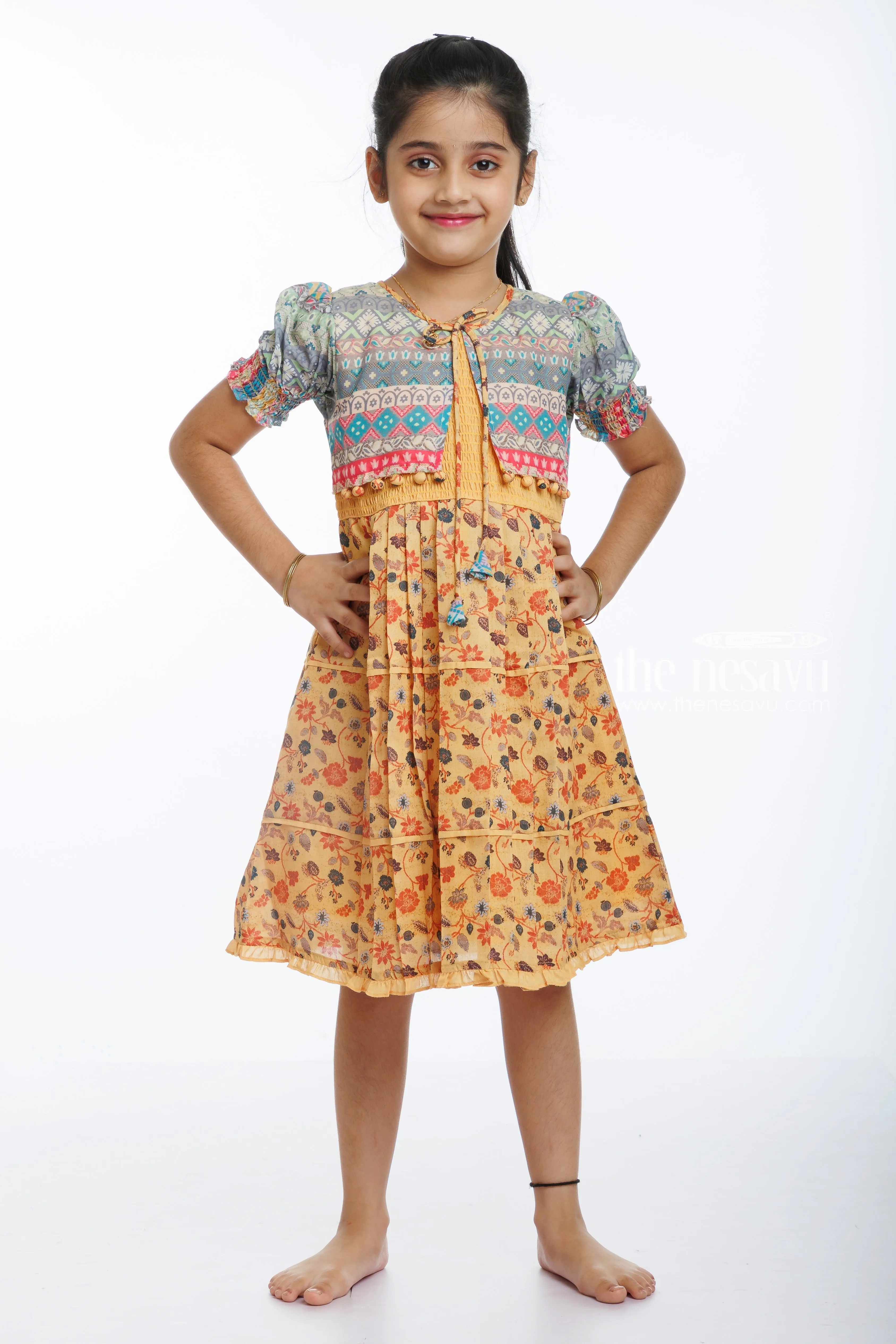 Bohemian Blossom: Girls Cotton Frock with Cozy Chic Jacket