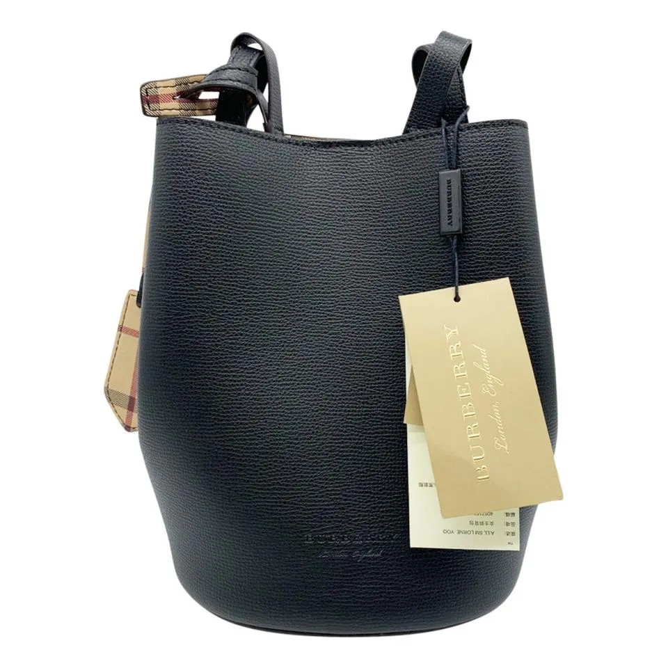 Burberry Bucket Haymarket House Check Small Lorne Black Leather Shoulder Bag