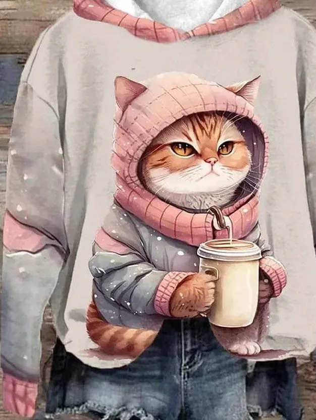 Cat Print Women's Hoodie Sweatshirt for Fall & Winter