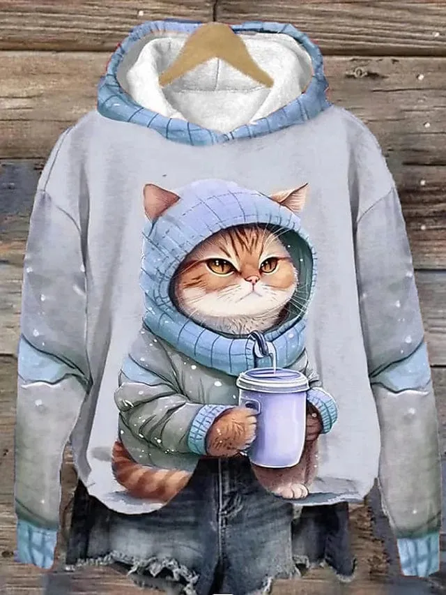 Cat Print Women's Hoodie Sweatshirt for Fall & Winter