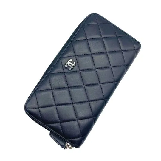 Chanel Black Lambskin Quilted Large Gusset Zip Around Wallet