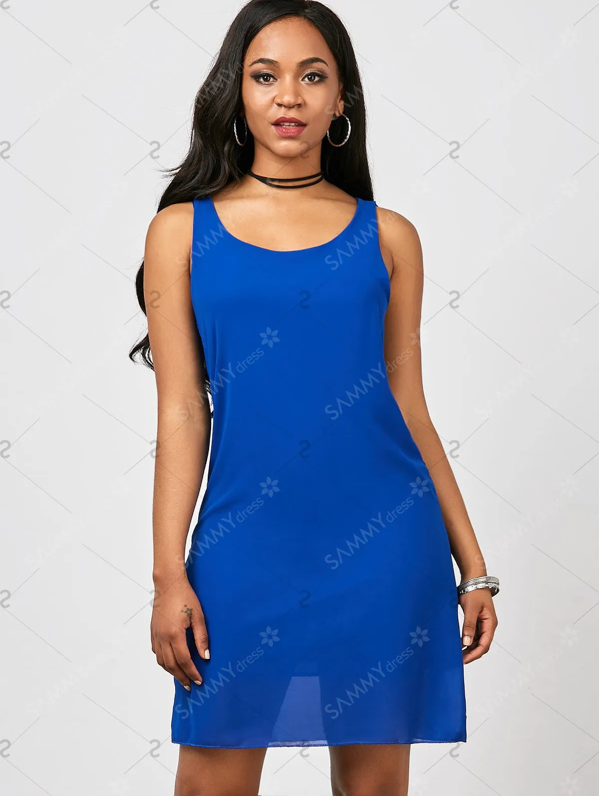 Chiffon Bowknot Tank Dress - Blue - XL